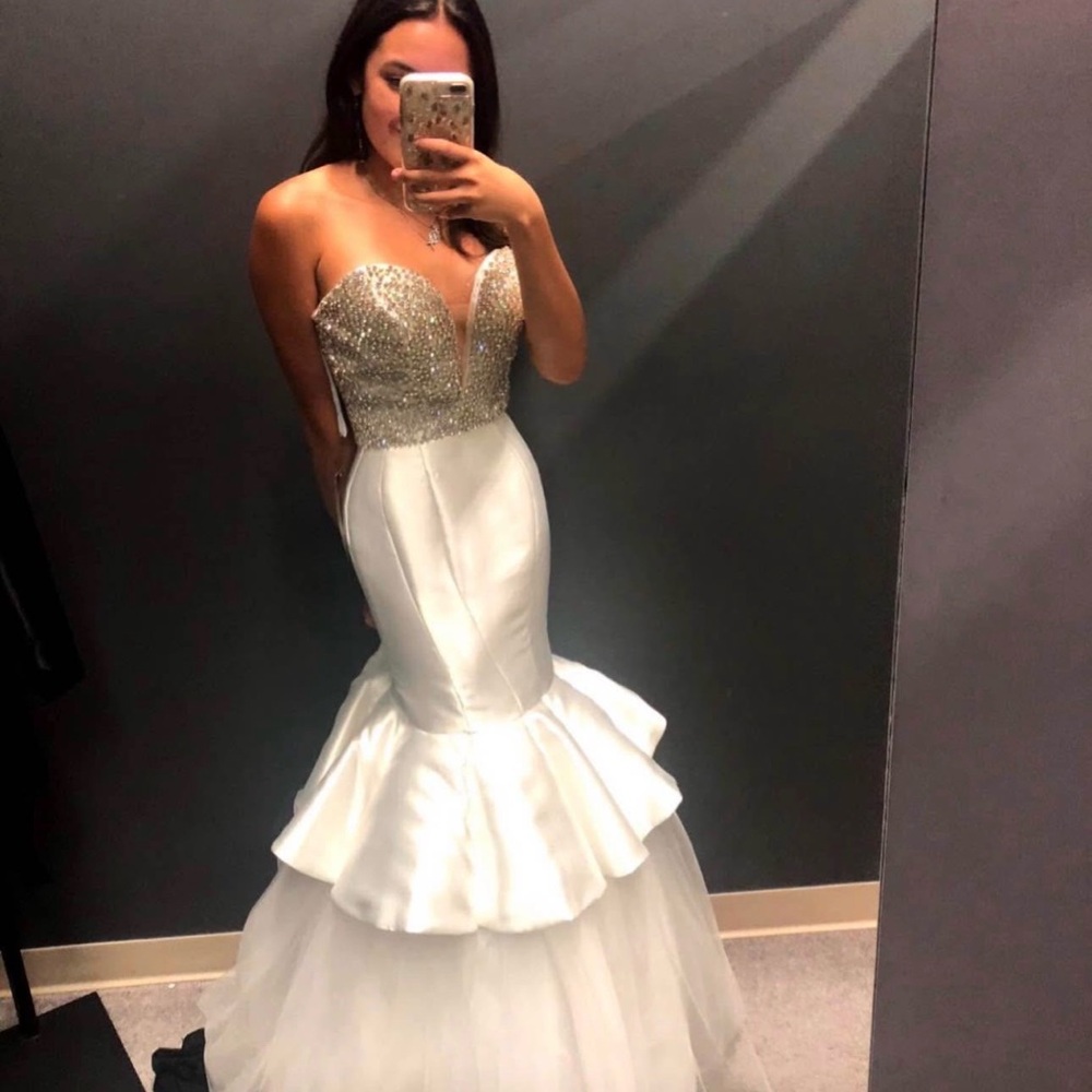 Tiffany Designs White and Silver Prom Dress